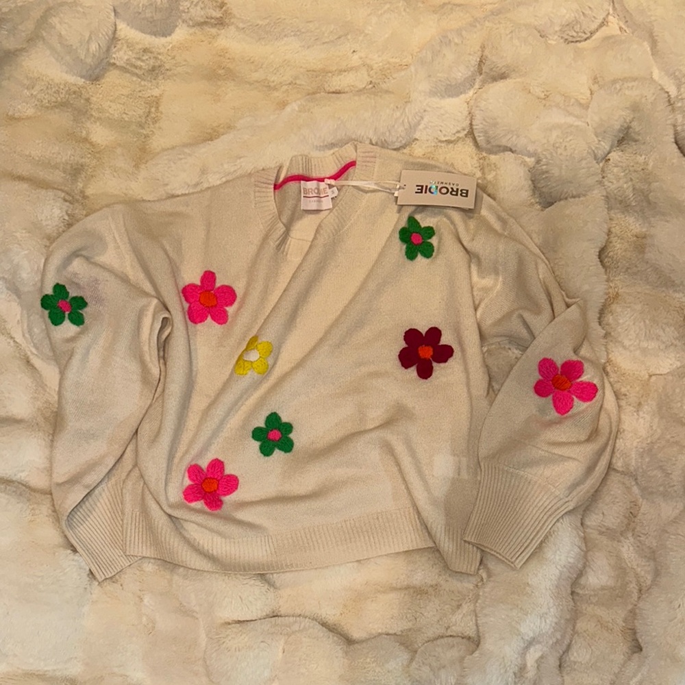 Brooks Cream and Pink Crew Neck Sweater with Floral Accents